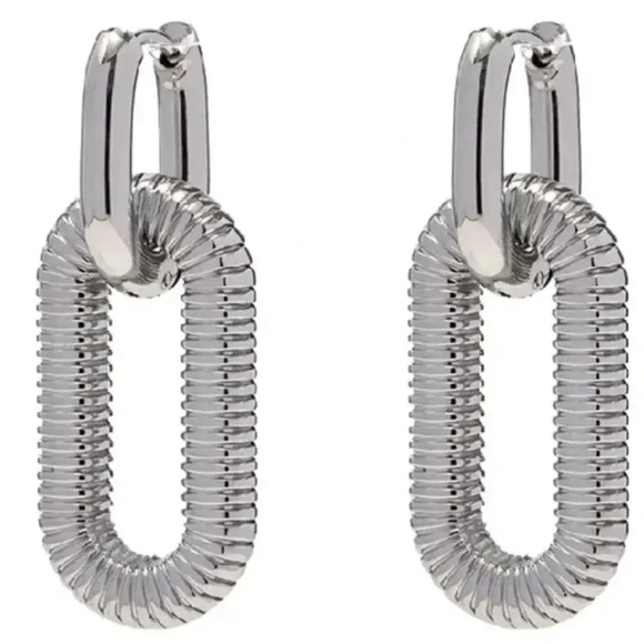 Anthropologie Bohemian Stainless Steel Silver Buckle Hoop Hollow Drop Earrings - Picture 1 of 17